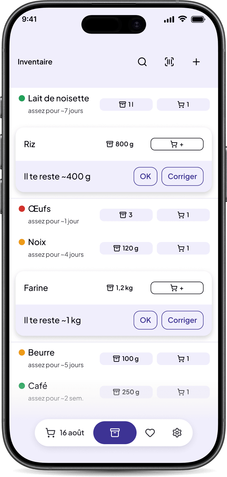 The Walou app on an iPhone, showing the grocery inventory and what is left of each item