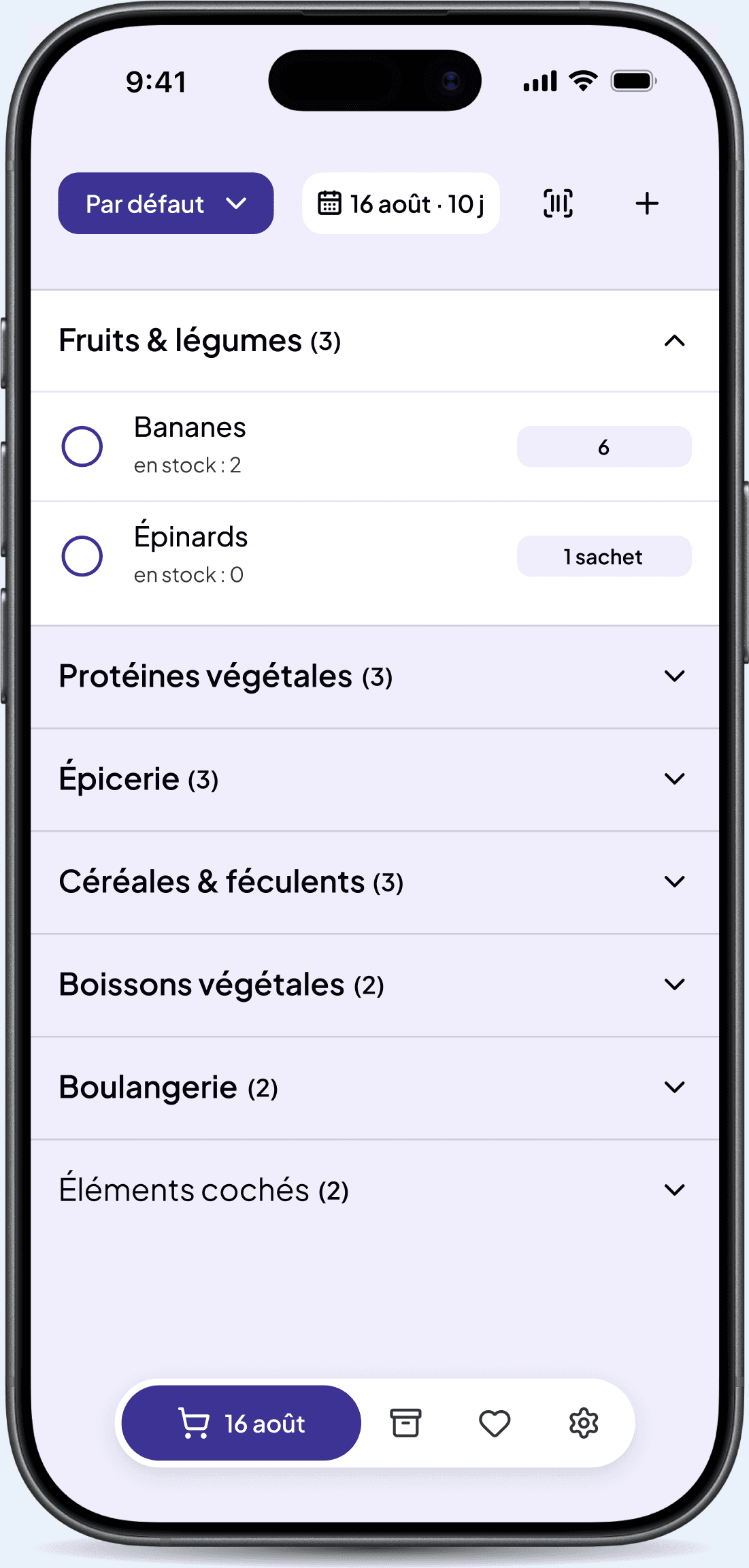 Walou's shopping list, in French like the live demo, with the next shopping date at the top and the aisles collapsed below.
