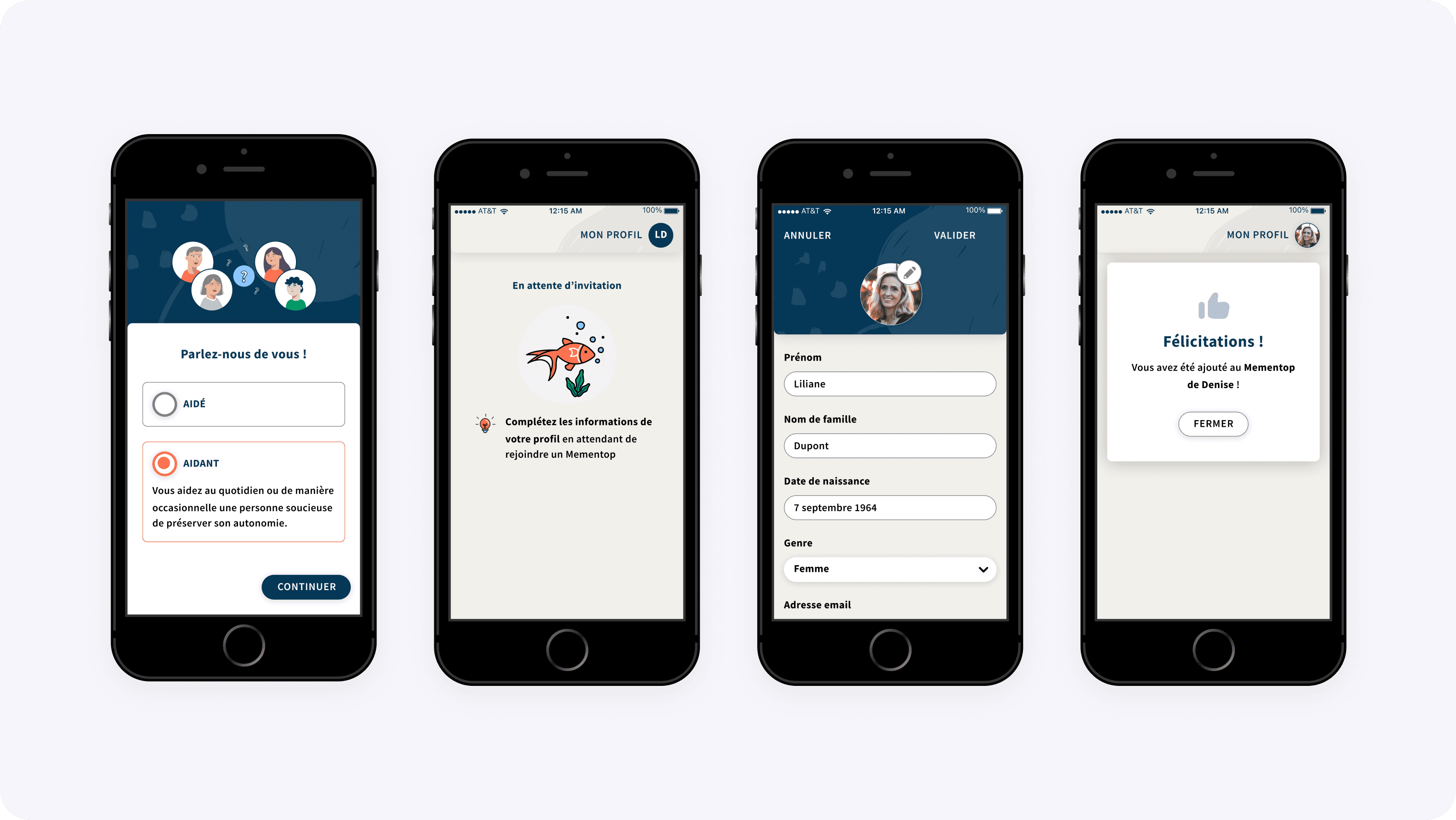 Four screens of a relative joining: choosing between being helped and helping, waiting for the invitation, filling in the profile, then the confirmation.