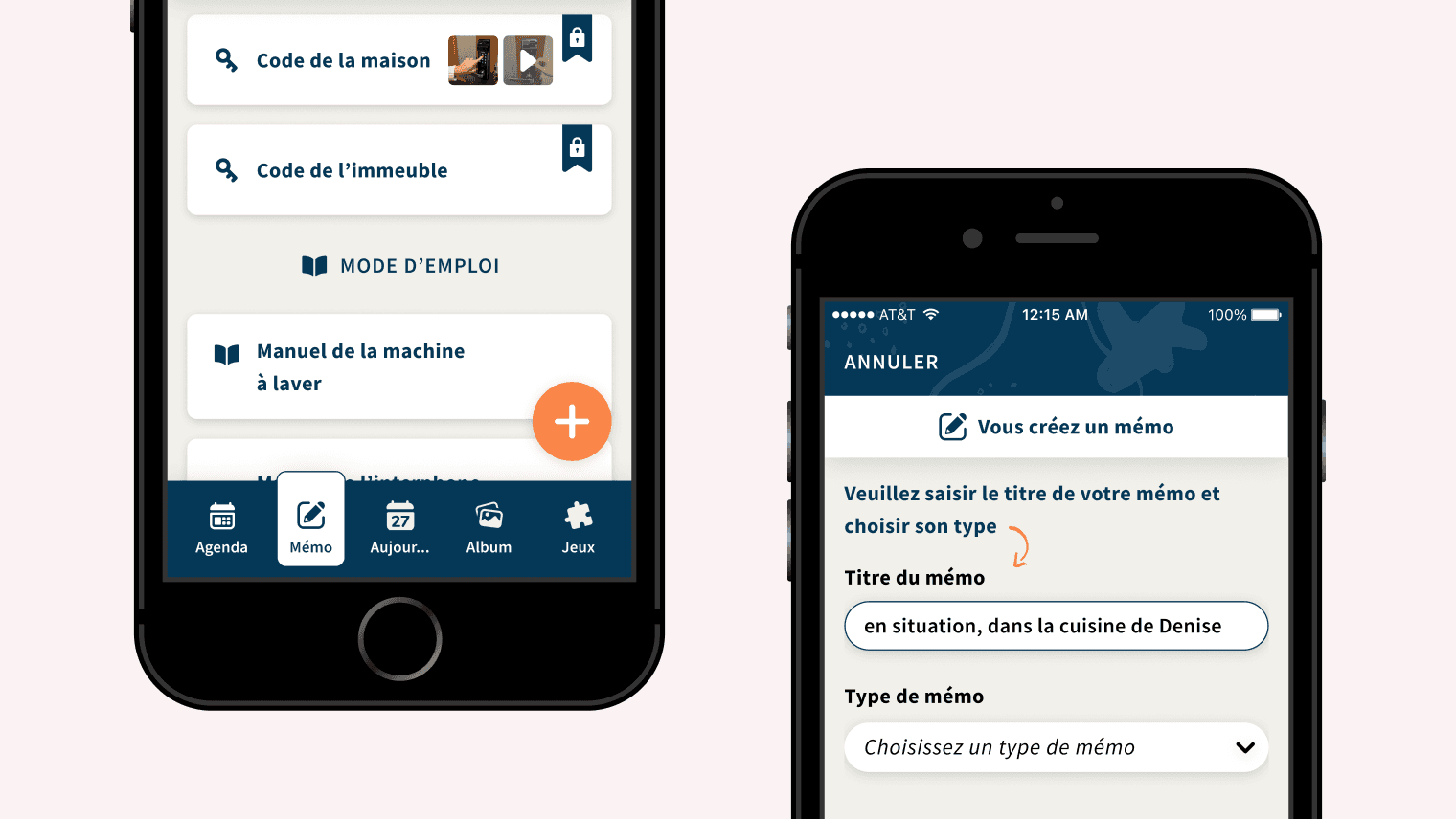 On the left, two memos next to each other in the list: “House code” and “Entry code”. On the right, a memo being created, titled in French “en situation, dans la cuisine de Denise”.