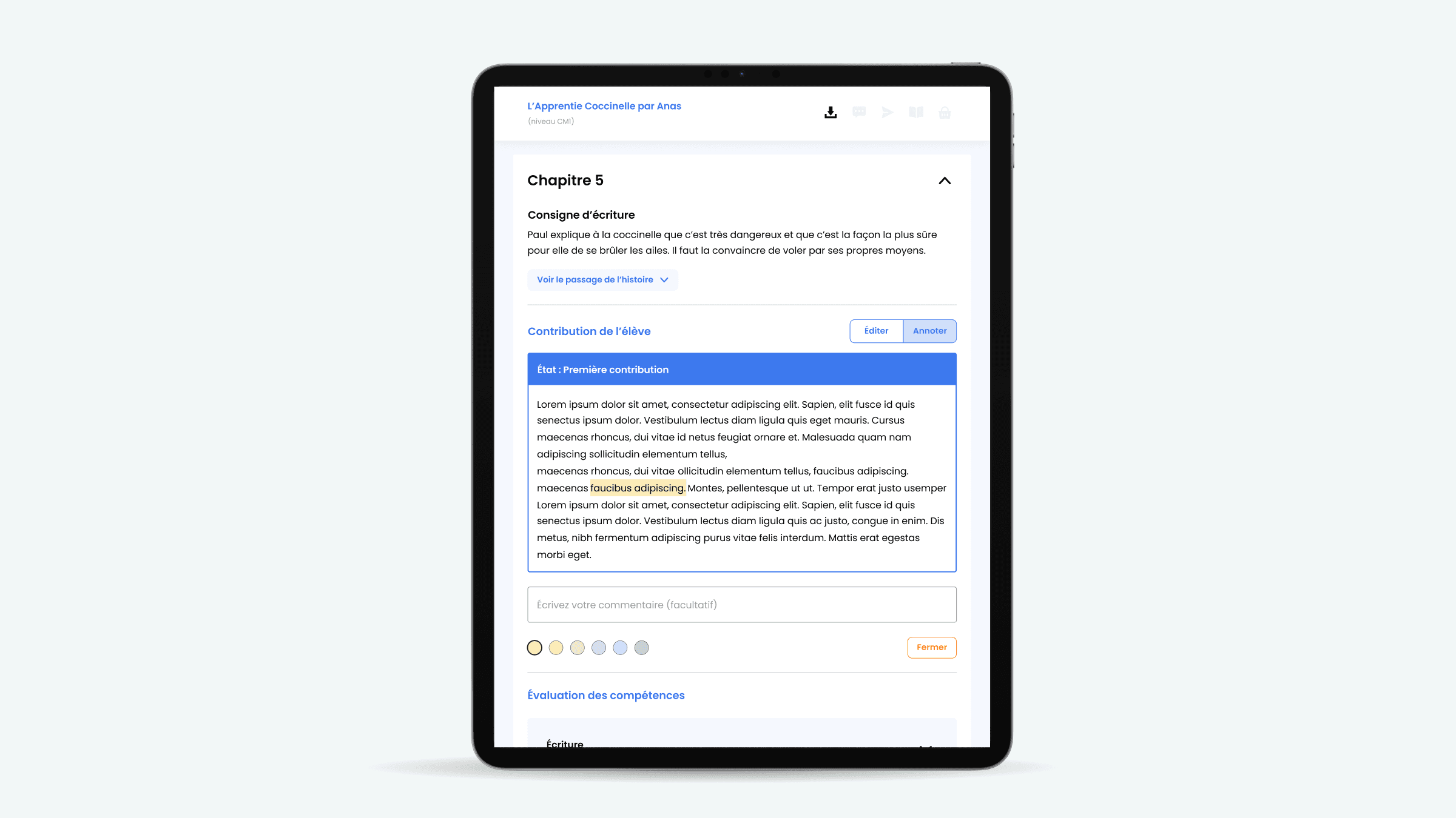 A pupil's contribution open in annotation mode: the writing prompt, the text with one passage highlighted, a comment field and the skills assessment below.