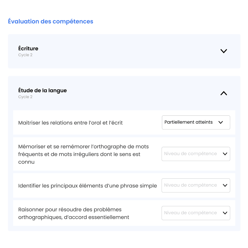 Skills assessment: the official framework is filled in under the copy.