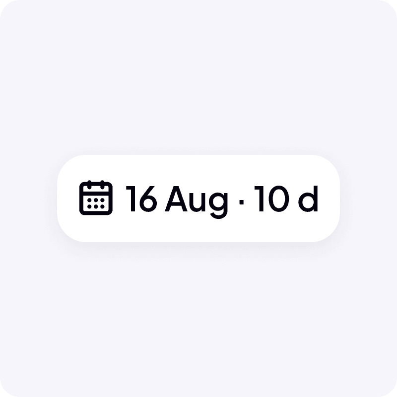 The date chip at the head of the list: 16 Aug, ten days out.