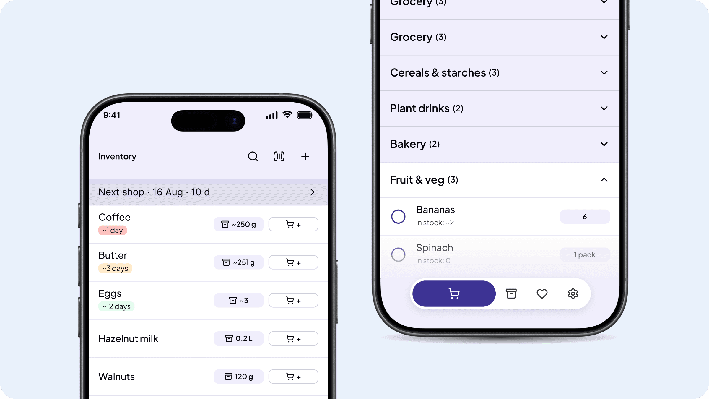 Two phones: the inventory on the left, with how long each product lasts, and the shopping list sorted by aisle on the right.