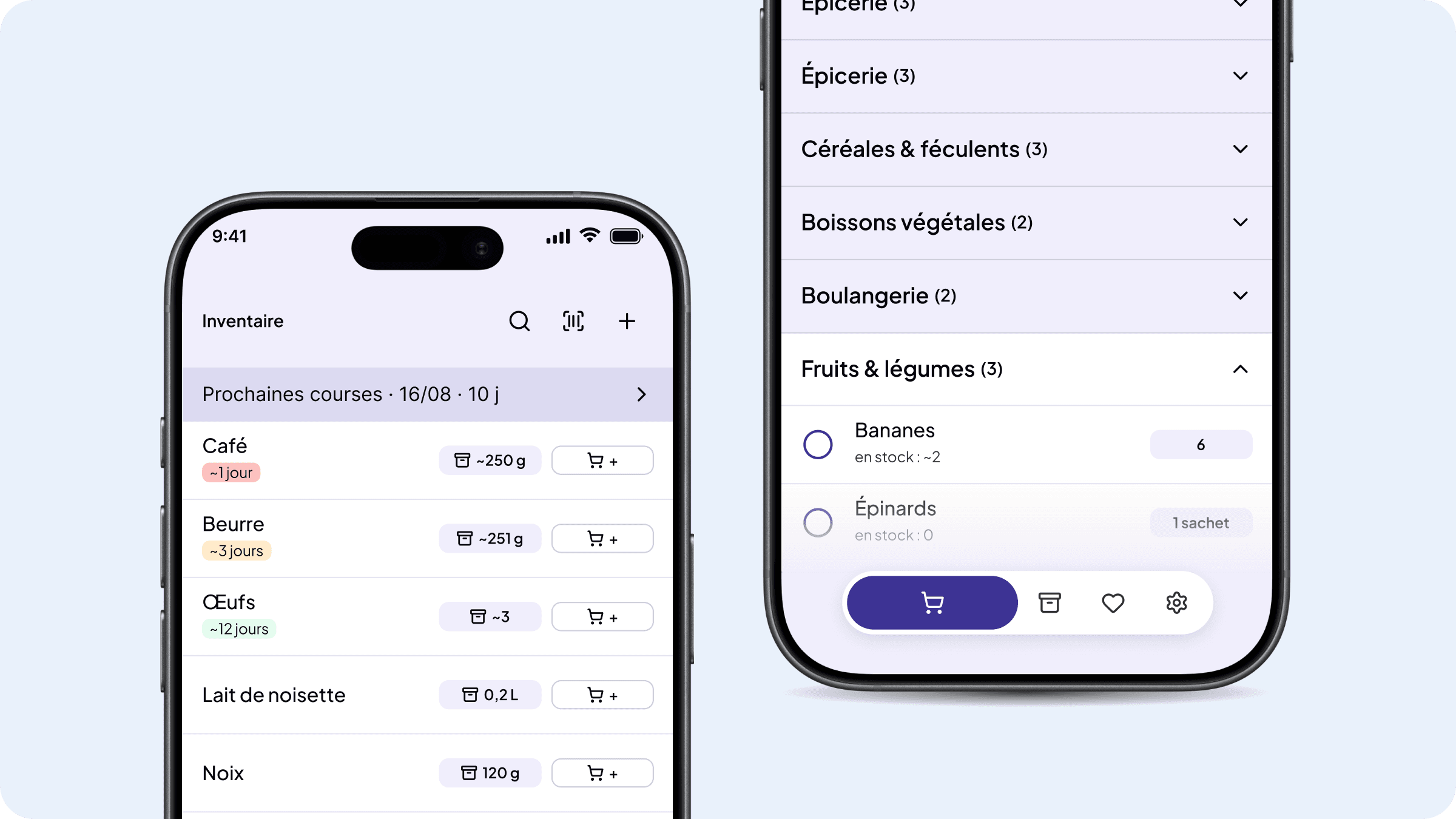 Deux téléphones : à gauche l’inventaire, avec la durée que tient chaque produit, à droite la liste de courses rangée par rayon.