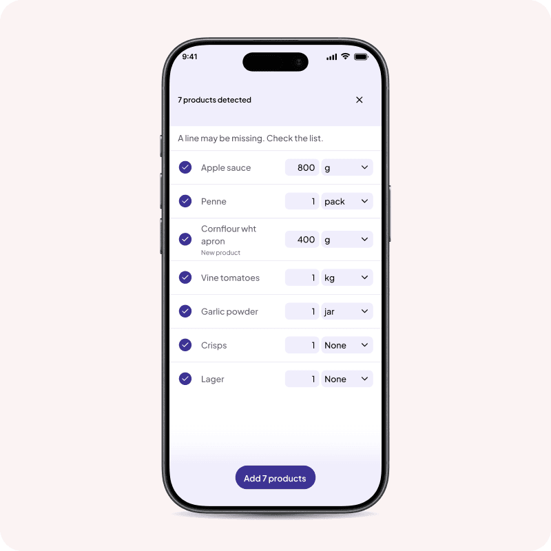 The receipt review screen, with the mismatch banner above the detected lines.