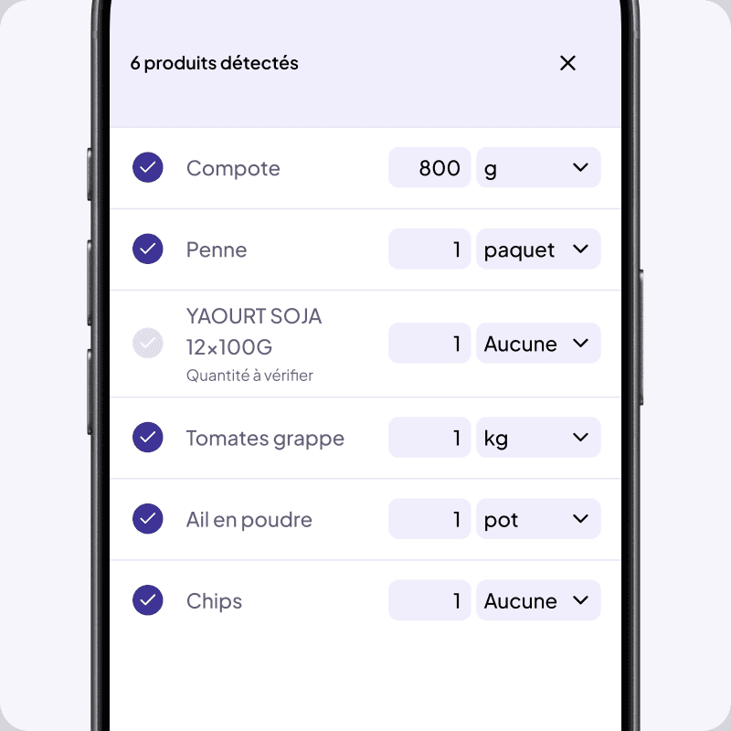Dans la relecture du ticket, une ligne au format composite arrive décochée, avec la mention « quantité à vérifier ».